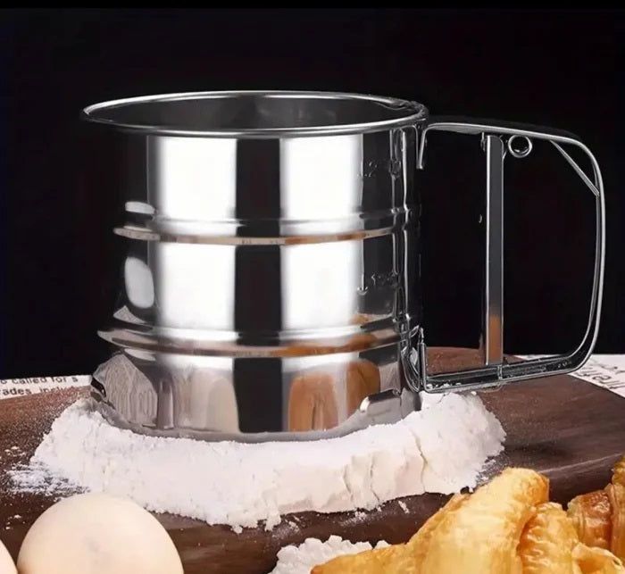 Cana din Inox cu Sita pentru Cernut Faina sau Zahar