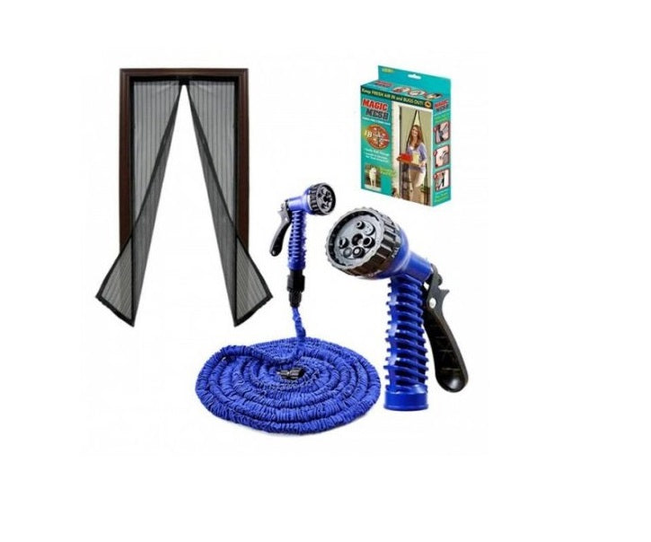 Furtun extensibil de gradina de 60 metri + Furtun extensibil 22,5m + Accesoriu pentru stropit + Perdea magnetica antiinsecte