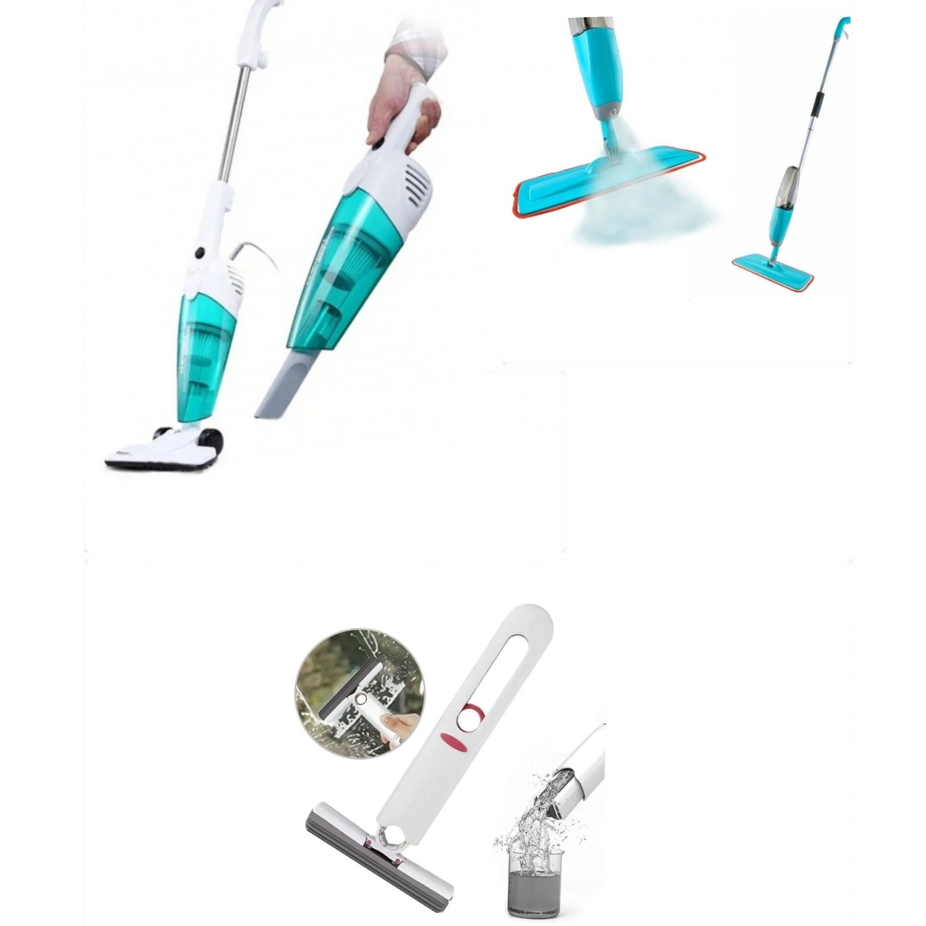 Set Complet pentru Curatenie: Aspirator 2 in 1 cu Filtru Hepa + Mop cu Rezervor + Dispozitiv pentru Spalat Geamuri