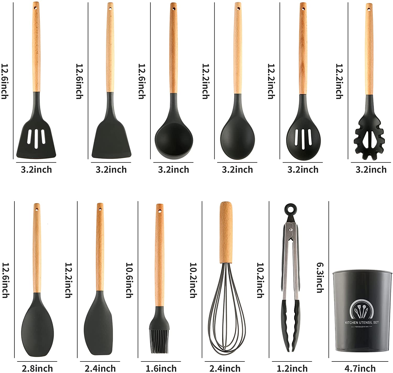 Set 12 ustensile de gatit din silicon, maner rezistent din bambus negre